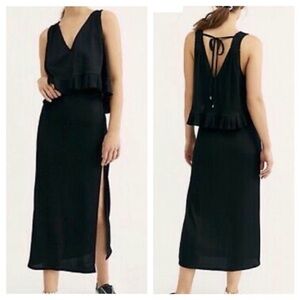 Free People Black Midi Dress with Ruffle and Tie Back